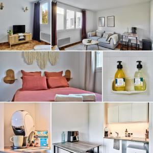 a collage of photos of a bedroom and a living room at Chaleureux T2 à 15 min de Lyon in Villeurbanne