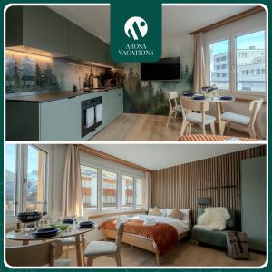 uma cozinha e uma sala de estar com uma mesa em Collina Forest Design-Studio by Arosa Vacations em Arosa