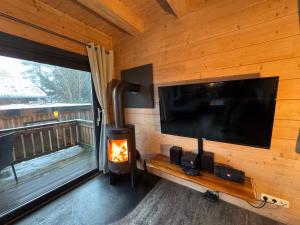 a living room with a fireplace and a flat screen tv at Harz-Blockhaus, Berg -"Hütte" mit Sauna und Kamin, WH in Hahnenklee-Bockswiese