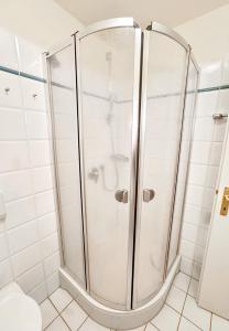 a shower with a glass door in a bathroom at Hotelkamer voor twee personen op de begane grond 33-6 in Bunkenburg
