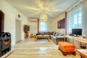 ein Wohnzimmer mit Couch und Kamin in der Unterkunft Párty dům 