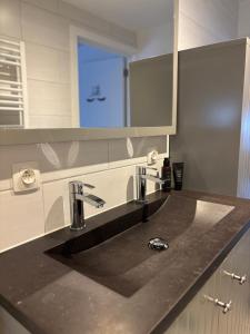 a bathroom sink with two faucets and a mirror at ChezPetitOscar in Middelkerke +12 photos