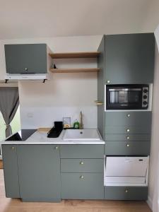 a kitchen with a sink and a microwave at Le Gemmois in Sainte-Gemme-sur-Loire +2 photos