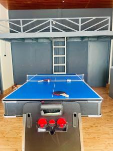 a ping pong table with four balls on it at Dormyy backpackers castle in Guwahati +16 photos