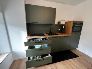 a kitchen with green cabinets and a sink at Ferienwohnung Martha und Nikla in Philippsheim