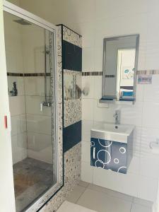 une salle de bains avec douche, lavabo et miroir dans l'établissement Real Favour Suites Guest House, à Palatswe