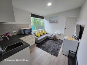 eine Küche und ein Wohnzimmer mit einer Couch und einem Fernseher in der Unterkunft Manuki Tiny Retreat - Private stay Christchurch in Christchurch