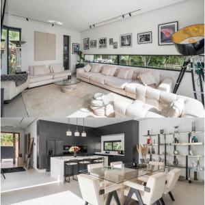 ein Wohnzimmer mit weißen Möbeln und ein Esszimmer in der Unterkunft Luxury 4 suites villa w private staff and heated pool in Sraghna