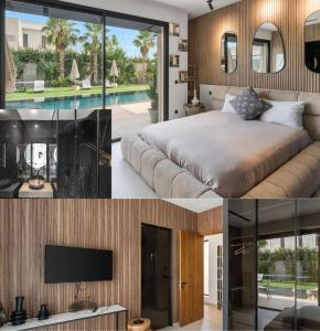 ein Schlafzimmer mit großem Bett und Fernseher in der Unterkunft Luxury 4 suites villa w private staff and heated pool in Sraghna