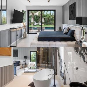 ein Schlafzimmer mit einem Bett und einer Badewanne in einem Zimmer in der Unterkunft Luxury 4 suites villa w private staff and heated pool in Sraghna