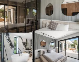 eine Collage aus vier Bildern eines Wohnzimmers in der Unterkunft Luxury 4 suites villa w private staff and heated pool in Sraghna