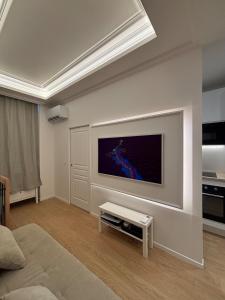 ein Wohnzimmer mit einem Flachbildfernseher an der Wand in der Unterkunft Studio avec chambre inférieure in Cap d'Ail