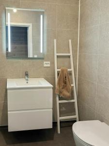 ein Bad mit einem Waschbecken und einem Handtuch auf einer Leiter in der Unterkunft Panoramic Cabin By Lake Lundevannet in Tjellesvik