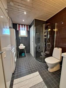 une salle de bain avec toilettes et douche dans l'établissement Särkänhelmi, à Kalajoki 13 autres photos