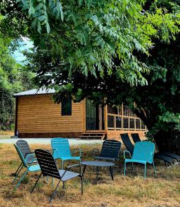 a group of chairs and a table under a tree at Chalet confort, Proche Puy duFou, plan d'eau privé in Menomblet +28 photos