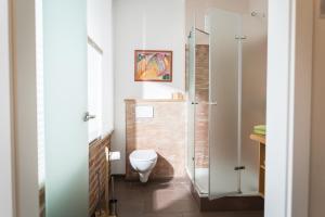 a bathroom with a toilet and a glass shower at Kara Ben Nemsi in Ilmmünster
