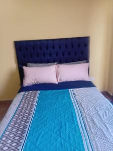 un letto con un copriletto blu e una testiera blu di ThandyTasha luxury apartments a Lusaka