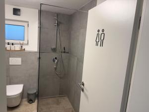 un baño con ducha y WC en Moderne gemütliche Ferienwohnung in Friedrichshafen, en Friedrichshafen