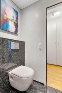 une salle de bain avec toilettes et un tableau au mur dans l'établissement 1 Bedroom Apartment, à Bâle