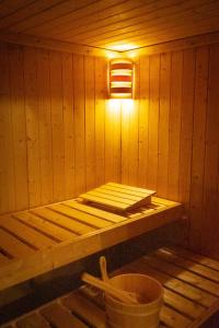 a small wooden sauna with a light on the wall at Ferienwohnung Wasser mit Sauna in Kirchzell