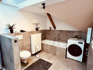ein Badezimmer mit Toilette und Waschmaschine in der Unterkunft Apartments am Exerzierplatz Pirmasens in Pirmasens + 50 Fotos