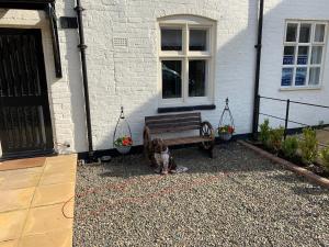 einem Hund, der neben einer Bank vor einem Gebäude sitzt in der Unterkunft 2 The Grove in Coalbrookdale + 5 Fotos