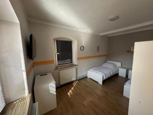 ein Schlafzimmer mit einem Bett und einem Fernseher darin in der Unterkunft Exclusive Monteursunterkunft in Wunsiedel