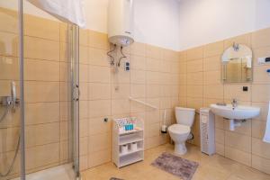ein Badezimmer mit Dusche, Toilette und Waschbecken in der Unterkunft Mysłowice Urban Harmony Apartment by BookingHost in Mysłowice