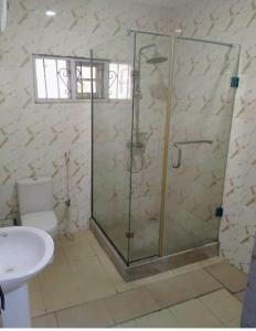 a bathroom with a glass shower with a toilet at Short let apartments LBS,Lekki Ajah Lagos in Lekki
