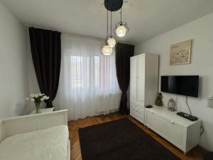a bedroom with a bed and a dresser with a television at Miri Apartament in Lupeni