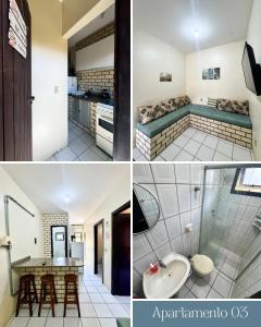 eine Collage aus Fotos eines Badezimmers und eines Schlafzimmers in der Unterkunft Residencial e Pousada Acauan in Guarda do Embaú + 24 Fotos