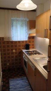 eine kleine Küche mit einem Herd und einem Fenster in der Unterkunft Ferienhaus Spalek in Innerkrems + 5 Fotos