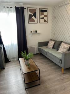 ein Wohnzimmer mit einer Couch und einem Couchtisch in der Unterkunft Charmant studio proche Disneyland Paris in Bussy-Saint-Georges
