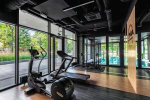 a gym with treadmills and ellipticals and windows at Prestige Luxury Spa Suite- Basen, Jacuzzi, Sauna & Prywatne Miejsce Parkingowe in Lublin