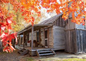 an old log cabin in the woods with autumn foliage at 1860 Luxury Accommodation in Beechworth