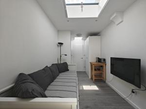 a living room with a couch and a flat screen tv at Skylit Studio Retreat in Norwood