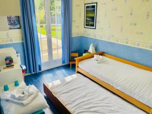 ein Schlafzimmer mit zwei Betten und einem Fenster in der Unterkunft Maison familiale à la campagne in Donnery