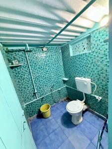 ein Badezimmer mit Toilette in einem Raum mit grünen Fliesen in der Unterkunft Endless Blue Hostel in North goa