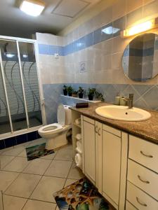 Un baño con lavabo, inodoro y espejo. en Cozy Studio in Grand Bay, en Grand Baie