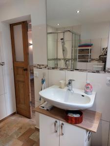 a bathroom with a sink and a mirror at Domus Campus Latus - Ferienwohnungen Breitenfeld in Gumtow +16 photos