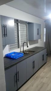 un comptoir de cuisine avec un évier et une fenêtre dans l'établissement Casa Valentina, à Río San Juan