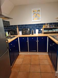 a kitchen with blue cabinets and blue tiles at 2 Courtyard Mews in Penzance