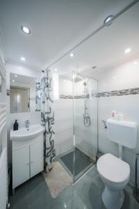 ein Badezimmer mit Toilette, Waschbecken und Dusche in der Unterkunft Széchenyi Apartman Miskolc belvárosban in Miskolc