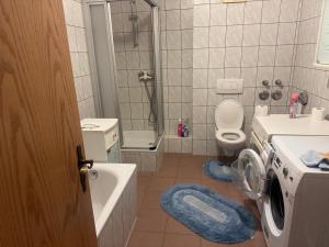 a bathroom with a toilet and a washing machine at LandgasthofOrleshausen in Büdingen