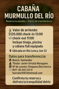 Πιστοποιητικό, βραβείο, πινακίδα ή έγγραφο που προβάλλεται στο Cabañas murmullo del rio lenca