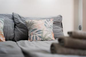 eine graue Couch mit zwei Kissen darauf in der Unterkunft Széchenyi Apartman (IV Deluxe) Miskolc belvárosában in Miskolc