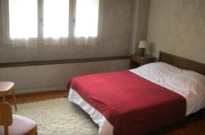 1 Schlafzimmer mit einem Bett mit einer roten Decke und 2 Fenstern in der Unterkunft Maison Usclade Murat-le-Quaire in La Celle-sous-Gouzon