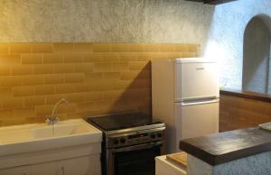 eine Küche mit einem Herd, einer Spüle und einem Kühlschrank in der Unterkunft Maison Usclade Murat-le-Quaire in La Celle-sous-Gouzon