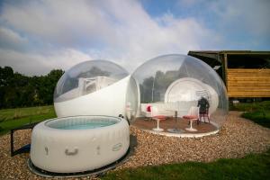 two glass domes with a table and chairs in front of a table at Barn bubble in Maidstone