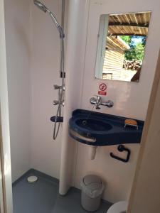 a bathroom with a blue sink and a mirror at Les 2 étangs La Foulonnerie Lodge - Tente in Saint-Jean-Saint-Germain